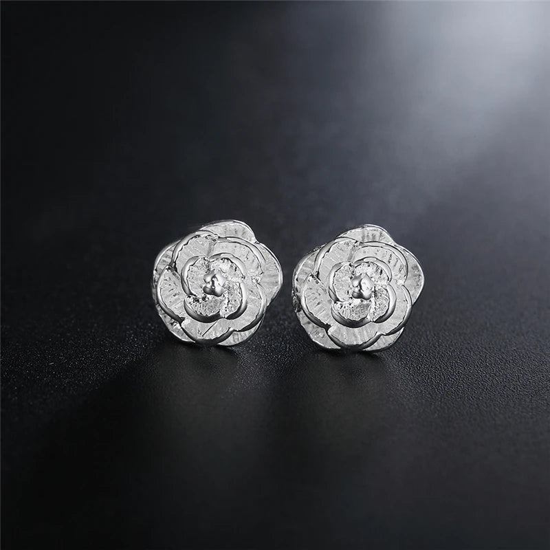 925 Silver Rose Flowers Stud Earrings for Woman Fashion Wedding Engagement Jewelry
