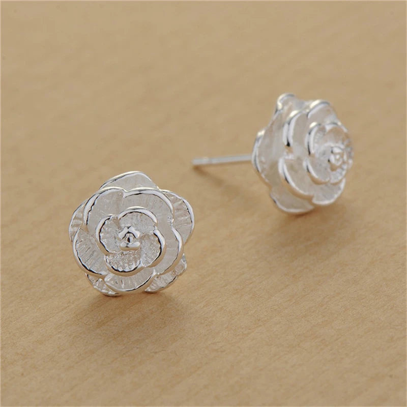 925 Silver Rose Flowers Stud Earrings for Woman Fashion Wedding Engagement Jewelry